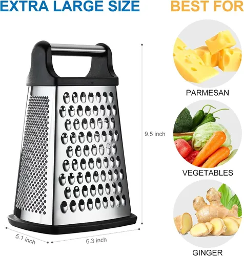 Vista 3 de Rallador Profesional de Queso - Acero Inoxidable, Tamaño XL, 4 Lados - Rallador de Caja Perfecto para Queso Parmesano, Verduras, Jengibre - Apto