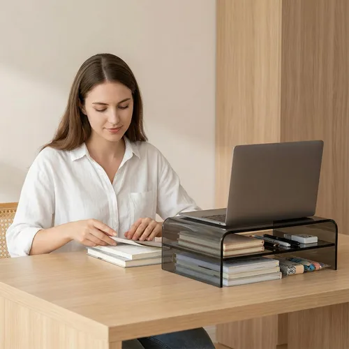 Vista 6 de Soporte para monitor y organizador de escritorio de acrílico transparente de 2 niveles, elevador de oficina en casa de 16 x 9.4 x 5.5 pulgadas
