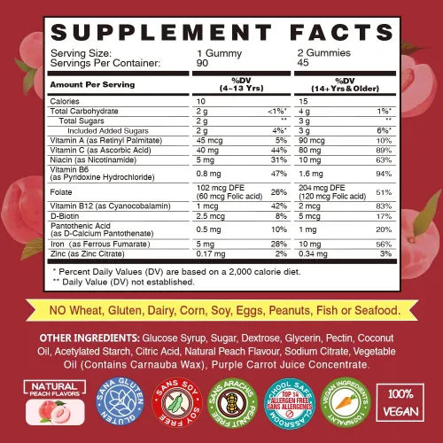 Vista 2 de Suplemento de gomitas de hierro vegano - con vitamina C, A, complejo B, folato, zinc para adultos y niños - Apoyo para la salud de la sangre