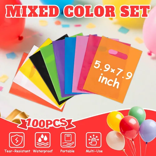 Vista 2 de ANZNKU 100 bolsas de regalo pequeñas multicolor con asa para dulces, muestras de bocadillos, manualidades, bolsa de regalo de plástico a granel