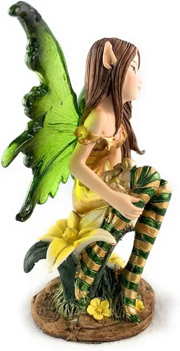 Vista 3 de Ain't It Nice Figura de hadas verde con alas transparentes y calcetines a rayas coloridas, disfrutando de la naturaleza rodeada de flores, escultura