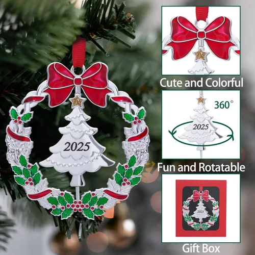 Vista 3 de Adornos de Navidad, Adornos Metálicos para Árbol de Navidad con Fecha 2025 Plateados Giratorios Divertidos Adornos de Navidad Decorativos Decoración
