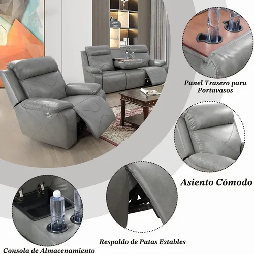 Vista 2 de Juego de sofá reclinable eléctrico con luces LED, sofá de cuero con puerto USB, muebles de sala de estar con consola de almacenamiento/portavasos