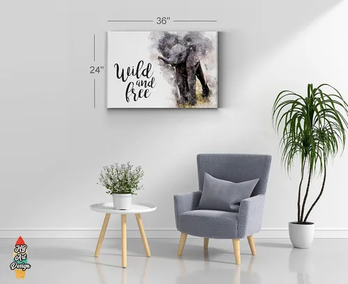 Vista 4 de Lienzo impreso con texto en inglés «Cute Baby Elephant» Wild and Free Quote - Pintura de acuarela con fondo blanco, arte de pared de animales