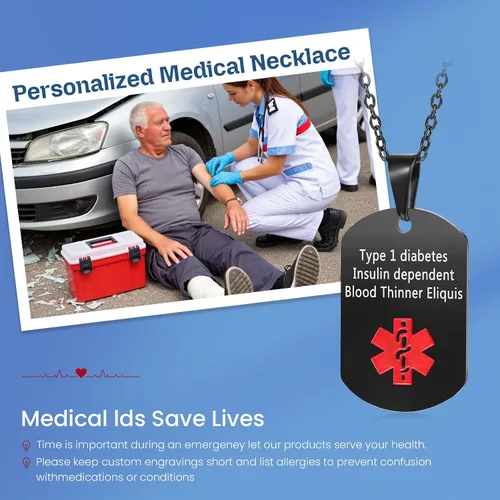 Vista 3 de Jewelstruck Collar de alerta médica para mujeres y hombres, etiquetas de identificación de emergencia, collar de doble cara, grabado gratuito