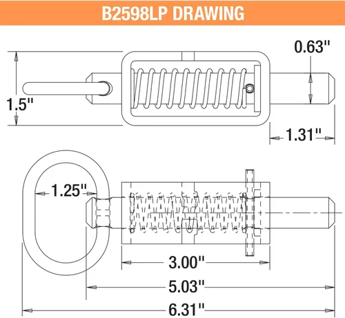 Vista 2 de Buyers Products B2598LP Soldadura - Conjunto de cerrojo con resorte de 5/8" con tubo liso y émbolo extendido de 1.31", pasador tratado térmicamente