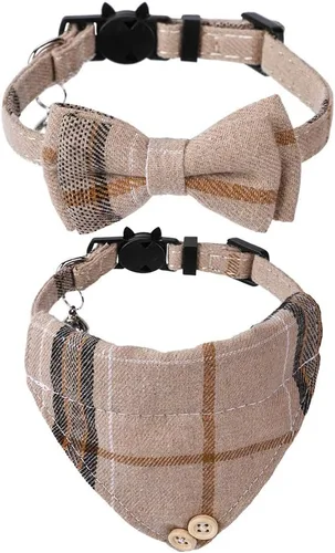 Vista 7 de Faleela Juego de 2 collares de gato con corbata de moño y campana, collar de camisa a cuadros para gatito ajustable de seguridad