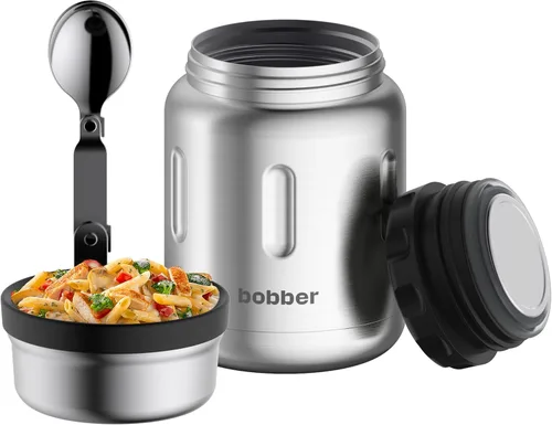 Vista 7 de BOBBER Tarro de alimentos aislado de acero inoxidable de 16 oz con boca extra ancha, cuchara y tazón integrados, mantiene el calor durante 10 horas