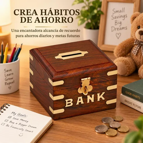 Vista 4 de Ajuny Banco de dinero de madera, hecho a mano, forma cuadrada, decorativa