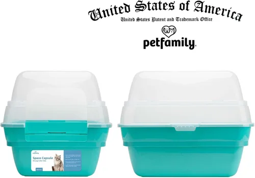 Vista 4 de Caja de arena para gatos Petfamily, caja de arena grande plegable jumbo con techo y tapa transparente (Azul verdoso)