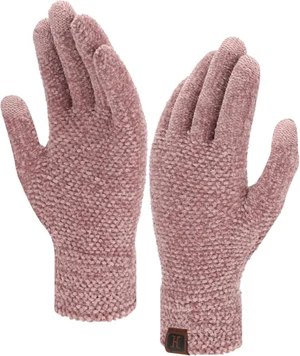 Vista 16 de FZ FANTASTIC ZONE Guantes de invierno con pantalla táctil para mujer para clima frío, guantes de punto cálidos de chenilla Beige