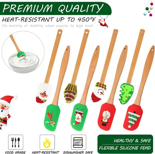 Vista 3 de 8 espátulas de silicona de Navidad con mango de madera, utensilios de raspador de pasteles navideños para hornear, con patrón de Papá Noel