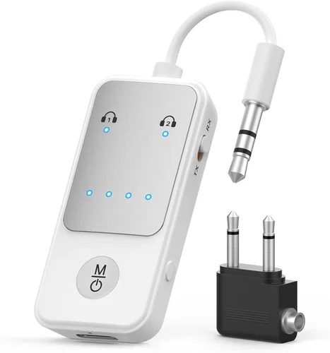Vista 9 de Receptor transmisor Bluetooth para avión, televisores, 2 en 1, adaptador inalámbrico Bluetooth 5.3 compatible con 2 auriculares, teléfonos