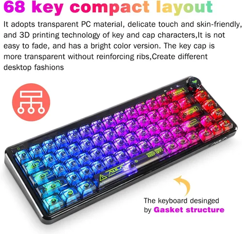 Vista 2 de CHICHEN 60% Portable Mechanical Gaming Keyboard,Hot-swappable RGB Backlit Compact 68 Clear Keycaps,2.4Ghz WirelessBluetoothUSB-C,Transparent Gasket