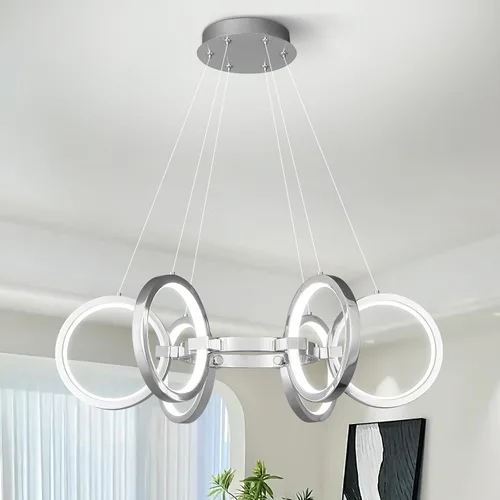 Vista 14 de Moderno candelabro LED regulable redondo, lámparas colgantes de 8 anillos, lámparas colgantes ajustables para cocina, isla, sala de estar, comedor