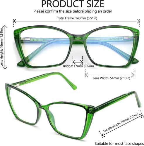 Vista 4 de Gafas de Bloqueo de Luz Azul para Mujeres, de Gran Tamaño con Estilo Ojo de Gato para Computadora y Videojuegos Antirreflejos y Anti-UV RF6204 Verde