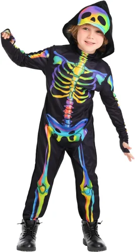 Vista 7 de Seasons Disfraz de esqueleto arcoíris con capucha para niños, sensible a la luz negra, disfraz de cosplay de Halloween