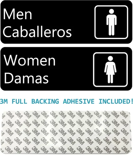 Vista 9 de Juego de letreros para baño con adhesivo en español e inglés - 9" x 3" - Hombres/Caballeros y Mujeres/Damas -Juego de dos letreros- Negro con letras