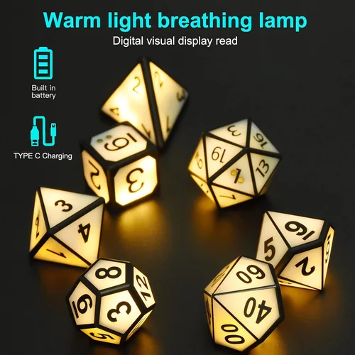 Vista 3 de HTPOW Juego de dados LED DND, 7 dados poliédricos USB recargables para RPG Blanco cálido