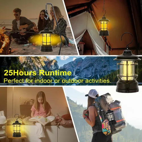 Vista 7 de Faroles LED para campamento, estilo vintage, color negro, paquete de 2 Recargable, portátil, atenuación continua, impermeable IP44, luz colgante