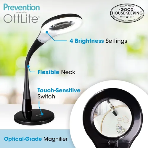Vista 2 de OttLite Prevention - Lámpara de escritorio LED con lupa ajustable, color negro Los LED ClearSun reducen la fatiga ocular Lupa de grado óptico