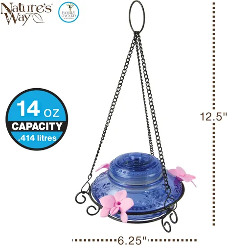 Vista 3 de Nature's Way Bird Products ANTHF2-I - Comedero iluminado, antiguo para colibríes, color azul claro/rosa