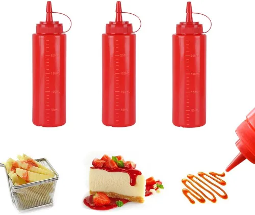 Vista 8 de Botellas de plástico de 3 colores de 12 onzas, botellas para apretar condimentos, botella multiusos para salsa de tomate, aceite, mermelada, salsa