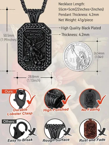 Vista 5 de FaithHeart Collar de San Miguel, acero inoxidable, chapado en oro de 18 quilates, amuleto colgante de San Miguel Arcángel para hombres y mujeres