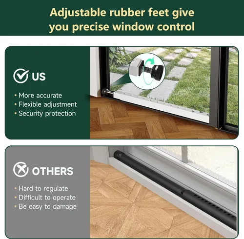 Vista 6 de WooFog Barras verticales de seguridad ajustables para ventana, barra de bloqueo de puerta de vidrio deslizante resistente con patas de goma, tapón