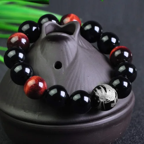 Vista 2 de Merdia - Pulsera elástica para hombre, diseño de ojo de tigre con cuentas de dragón y rey (plateado y amarillo)