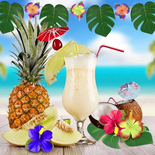 Vista 2 de 126 piezas de suministros para decoraciones de fiesta Luau, hojas de palma tropicales, flores de hibisco, hojas artificiales simuladas para fiestas