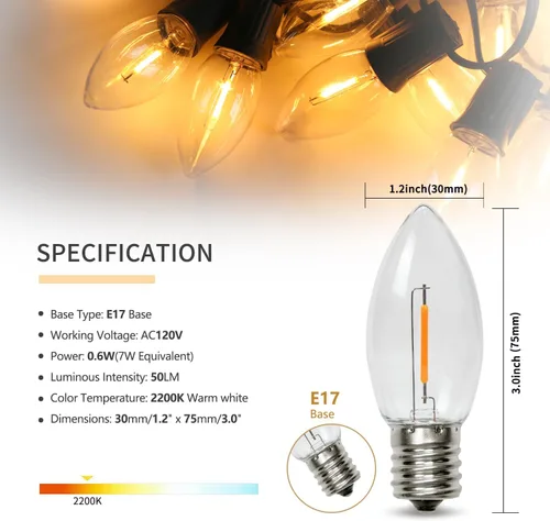 Vista 2 de Paquete de 50 bombillas LED C9 de Navidad, bombilla LED C9 de repuesto para cadena de luces de Navidad, base intermedia E17, 2200 K blanco cálido