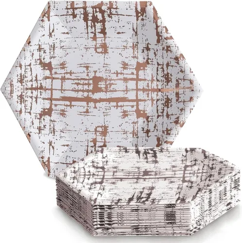 Vista 9 de Elegante vajilla desechable - Colección Ártico, platos llanos hexagonales, oro rosa