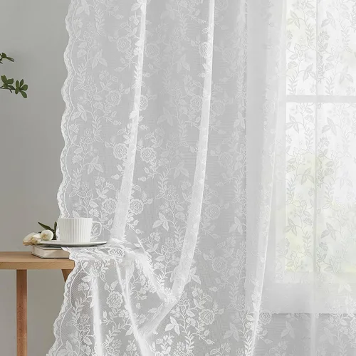 Vista 12 de FINECITY 2 paneles de cortinas de encaje beige de 36 pulgadas de largo con hojas florales rústicas, cortinas cortas y transparentes para ventana