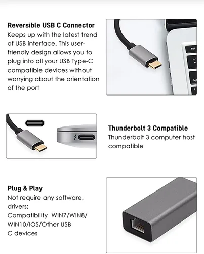 Vista 9 de Adaptador USB C a Gigabit Ethernet, adaptador de red LAN RJ45 Plug and Play de 1 Gbps, carcasa de aluminio, compatible con Thunderbolt 3/4