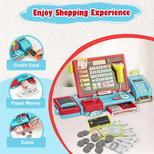 Vista 5 de Caja registradora para niños, calculadora real, caja registradora con escáner de juguete para niño de 3, 4, 5, 6, 7, 8 años, juego de simulación