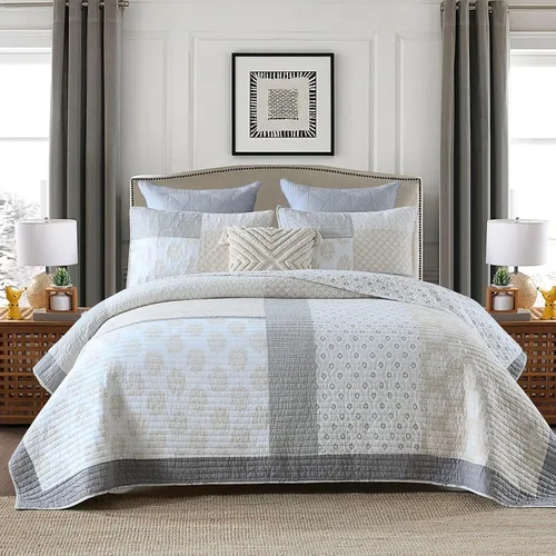 Vista 10 de Y-PLWOMEN Colchas tamaño Queen, 100% algodón, ligero, suave, tamaño Queen, azul, gris, blanco, acolchado, juego de ropa de cama reversible