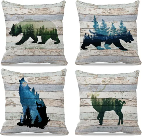 Vista 4 de Juego de 4 fundas de almohada decorativas de cabaña de 18 x 18 pulgadas, almohadas de cabaña, decoración de cabaña de troncos, fundas de almohada 4
