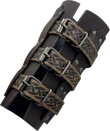 Vista 3 de HiiFeuer Brazaletes de cuero sintético medieval vintage, hebilla retro que sujeta los protectores de brazos mercenarios, guanteletes de caballero