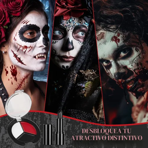 Vista 7 de 3 Pairs Fake Fangs Vampire Teeth Halloween Makeup Cosplay Kit with Solid Adhesive, Black Lipstick+3-color Face Paint Plate+Scar Stickers, Vampire
