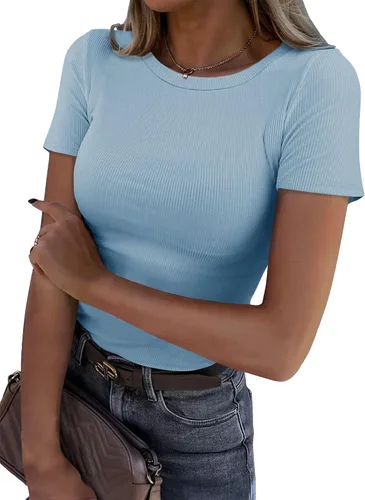 Vista 11 de Roselux - Camiseta ajustada de manga corta con cuello redondo de canalé, camiseta básica de punto. Beige