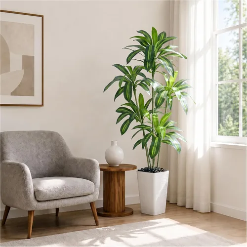 Vista 13 de Árbol de Dracaena artificial de 5 pies, plantas falsas altas para Maceta alta blanca
