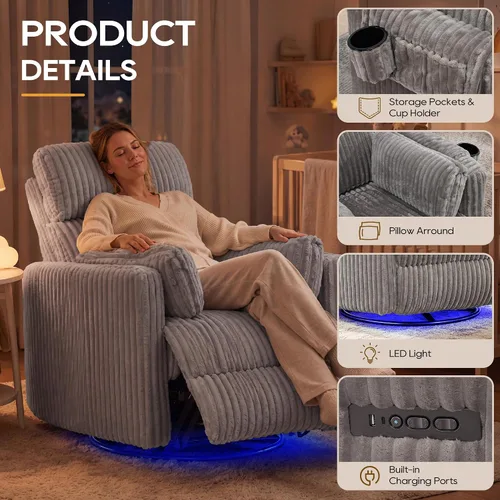 Vista 7 de IPKIG Power Swivel Recliner Nursery Rocking Glider Chairs, Corduroy, Grey