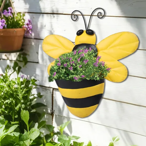 Vista 4 de Macetero de Pared de Metal Abeja Maceteros de Pared Montados Maceta Pequeña con Drenaje para Interior Exterior Macetero Colgante Estilo Granja