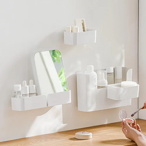 Vista 3 de Poeland Estante flotante montado en la pared, adhesivo sin perforaciones, organizador de baño, estante de repisa para decoración