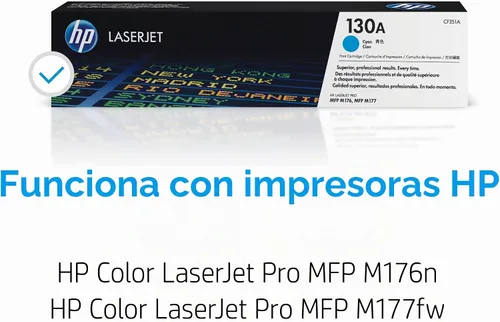 Vista 2 de HP Cartucho de tóner cian 130A Funciona con HP Color LaserJet Pro MFP M176, M177 Series CF351A