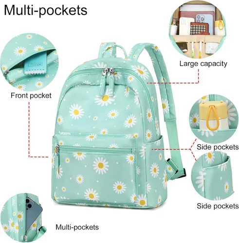 Vista 7 de LEDAOU Mini mochila para niñas, bonita mochila pequeña para mujeres, adolescentes, niños, escuela, viajes, bolso de hombro, Margarita blanca verde