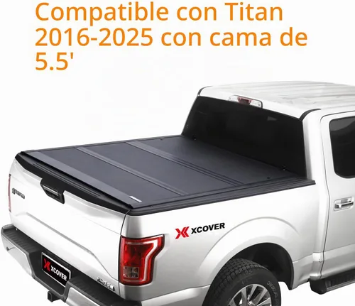 Vista 2 de XCOVER Cubierta de Caja Compatible con Caja Titan 2016-2025 de 5.5', Cubierta Tonneau Rígida Plegable de Perfil Bajo