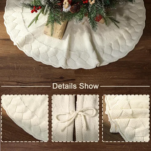 Vista 3 de Falda de Árbol de Navidad de 36 Pulgadas: Falda de Árbol de Lápiz para Árbol de 6 Pies, Falda de Árbol Tejida en Trenzado de Canasta Crema Blanca