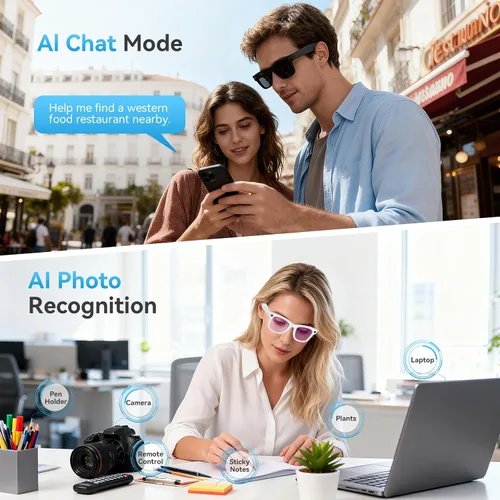 Vista 3 de AI Smart Glasses with Camera,8MP 2K HD Camera Glasses,AI Voice Control,Photo Recognition and Translation,Smart Sunglasses with Bluetooth Call,IP67